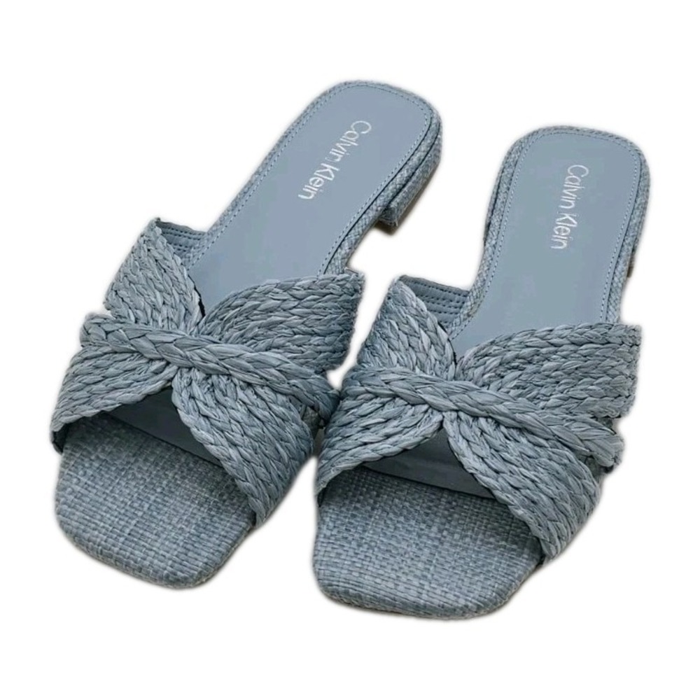 Calvin Klein Toukie Light Blue Woven Raffia Textile Flat Slides Women Size 7.5 M